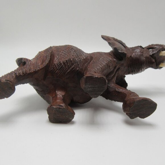 Vintage raised trunk resin elephant with tusks - brown textured faux wood - 3" - Picture 9 of 11